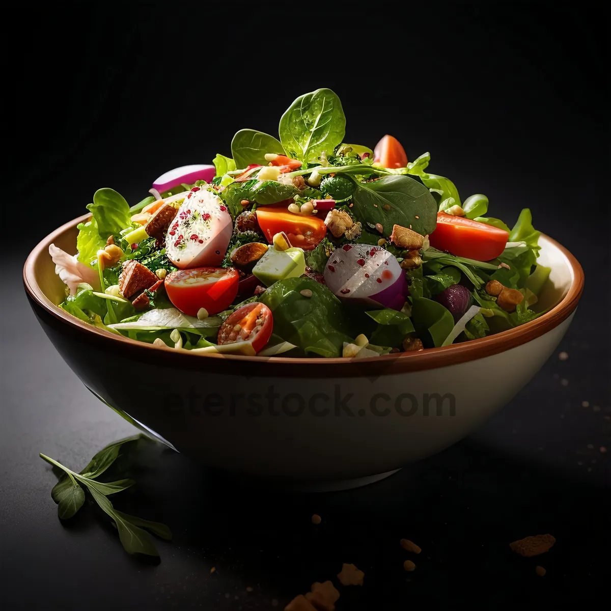 Picture of Fresh vegetable salad with basil and tomatoes in bowl.