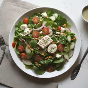 Fresh gourmet salad with grilled meat and vegetables.