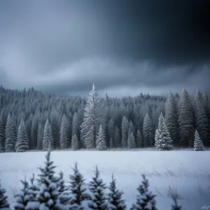 Snowy Winter Landscape with Majestic Mountains and Evergreen Forest