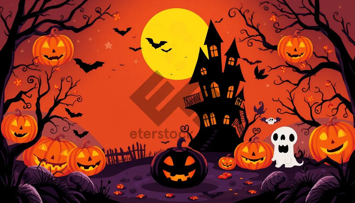 Picture of Spooky Moonlit Halloween Scene Cartoon Drawing