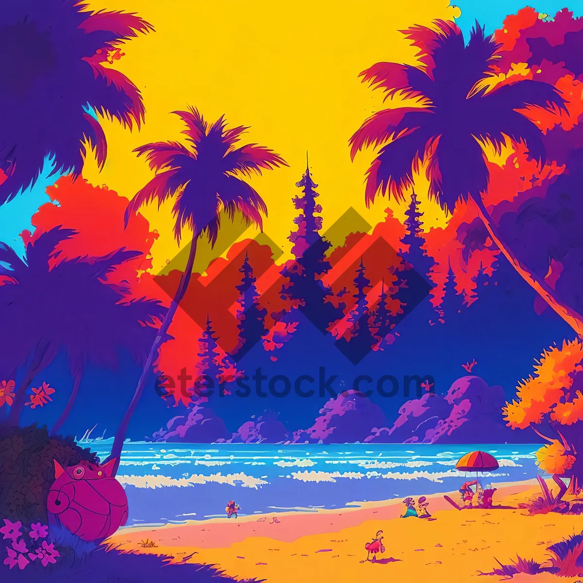 Picture of Tropical Sunset Silhouette - Beach Palm Art