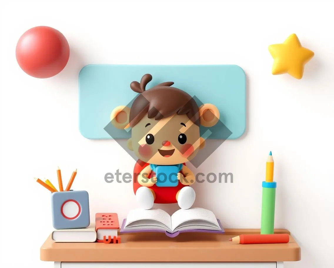 Picture of Happy cartoon boy with crayon and pencil