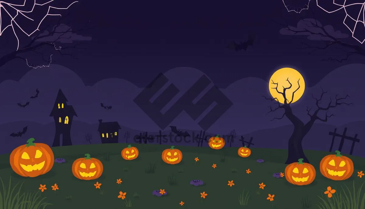 Picture of Halloween night sky with moon and jack-o'-lanterns