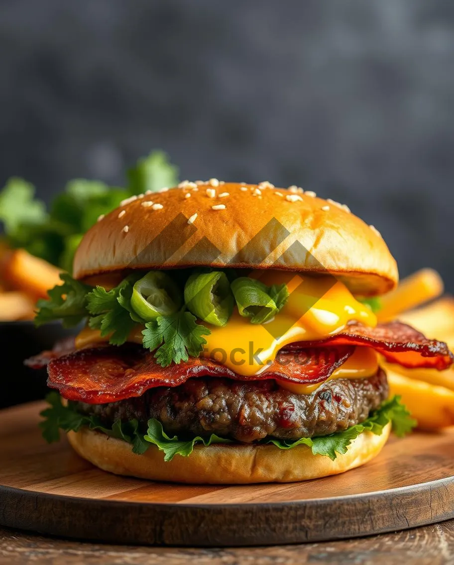 Picture of Grilled cheeseburger with fries and tomato salad