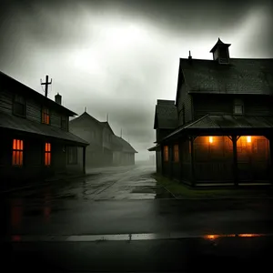 Nighttime Riverside Boathouse in Urban Cityscape