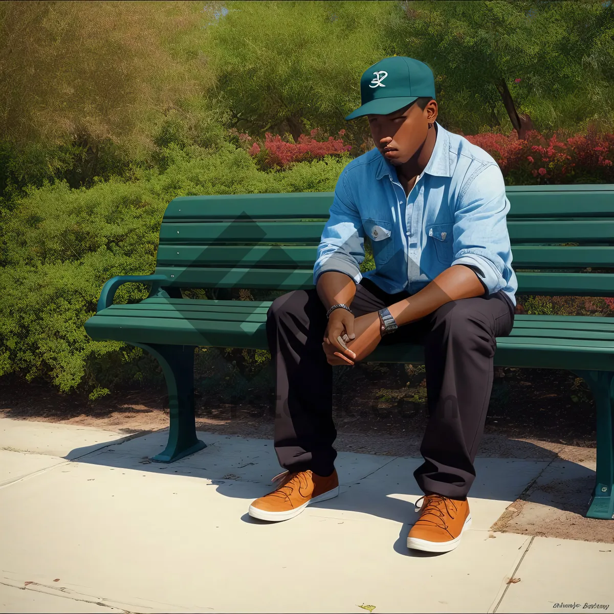 Picture of Happy man sitting on park bench with laptop