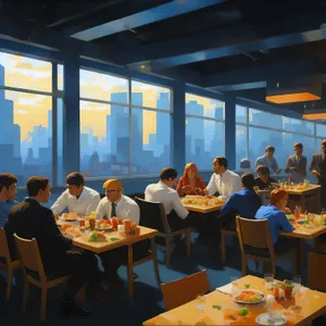 Business meeting in office cafeteria with male team