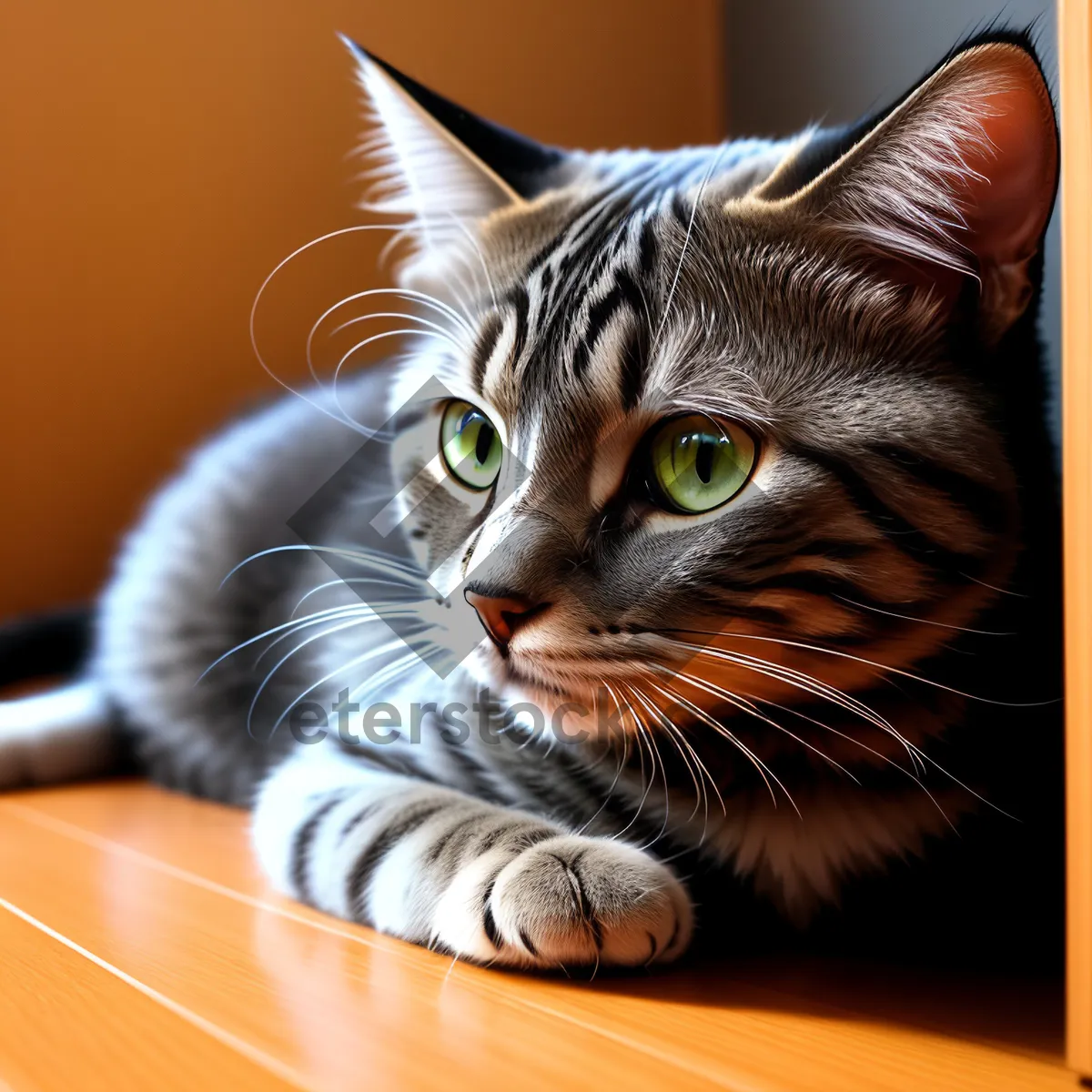 Picture of Fluffy Gray Tiger Cat with Beautiful Eyes