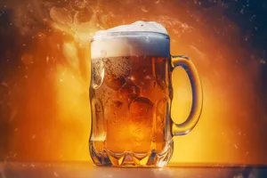 Cold frothy beer in a golden glass mug.