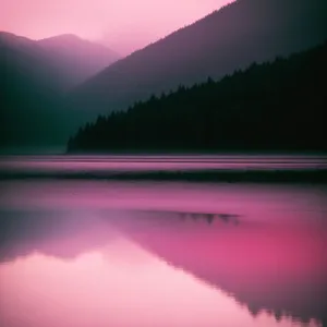 Serene Sunset over Majestic Lakeside Landscape