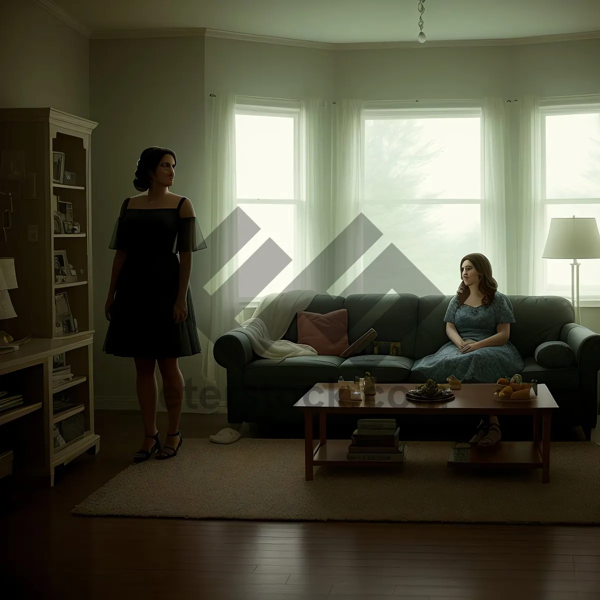 Picture of Modern luxury office interior with wood furniture and lamp.