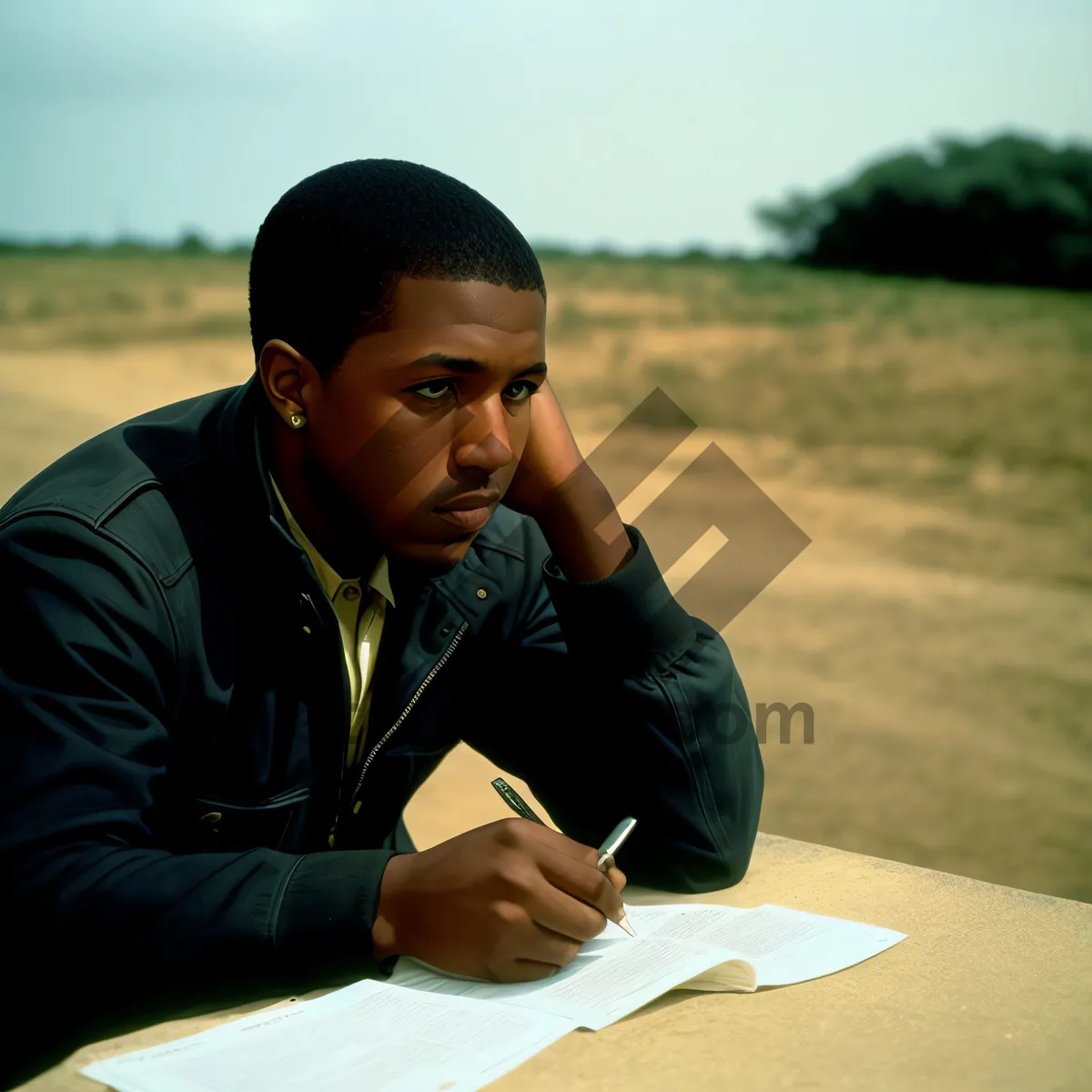 Picture of Happy businessman working on laptop outside.