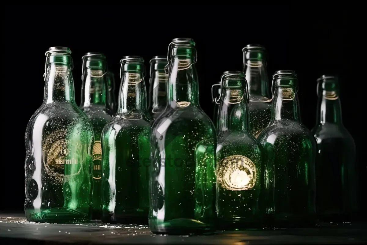 Picture of Cold lager beer bottle with foam bubbles.