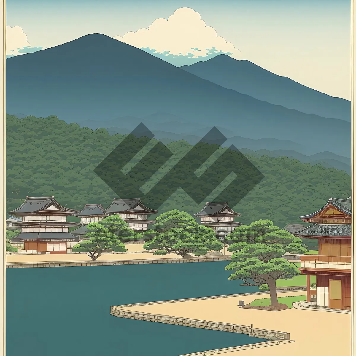 Picture of Summer Serenity: Majestic Mountains and Tranquil Lakeside Beauty