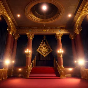 Ancient Cathedral Hall with Ornate Throne and Dramatic Theatre Curtains.