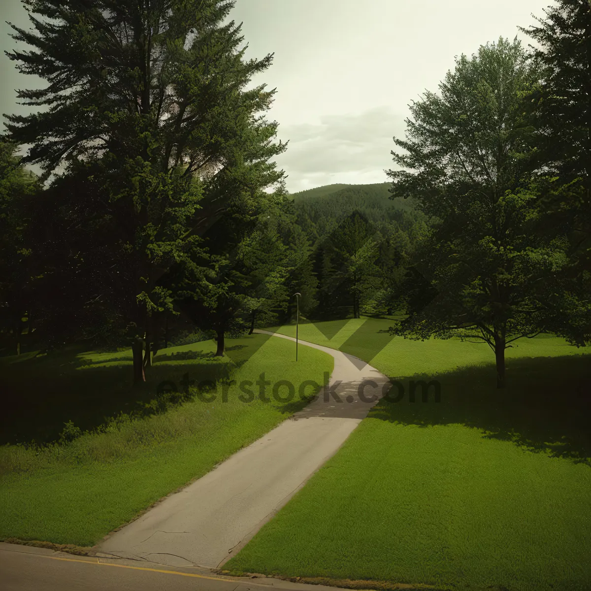 Picture of Golf Course Landscape with Majestic Trees and Flag