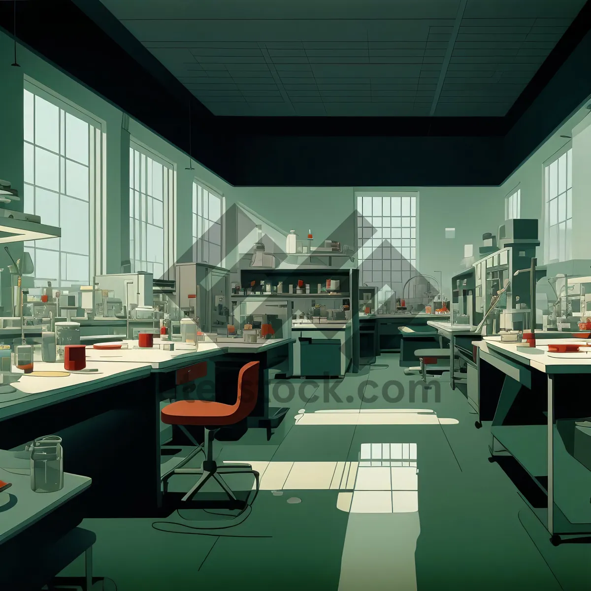 Picture of Modern restaurant interior design with wooden furniture and lamp