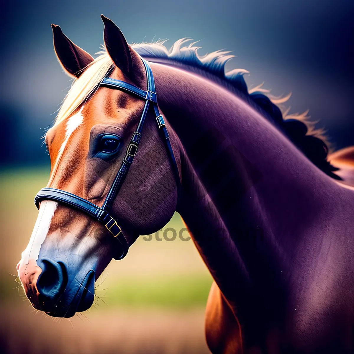 Picture of Brown Thoroughbred Stallion in Bridle and Halter