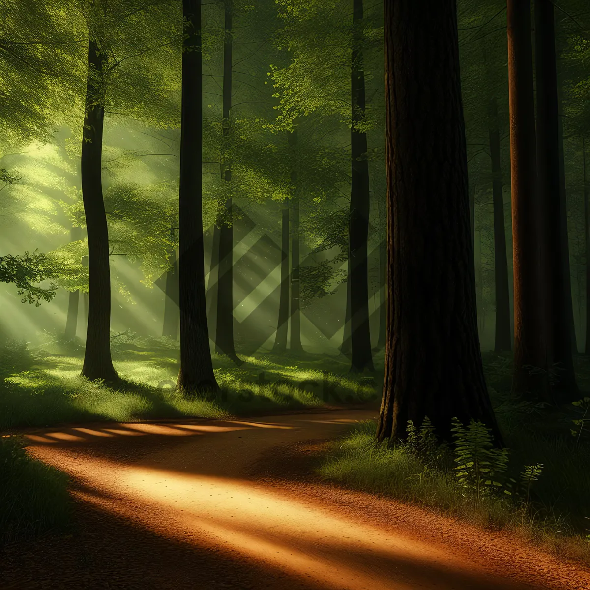 Picture of Serene Forest Pathway Through Sunlit Woods