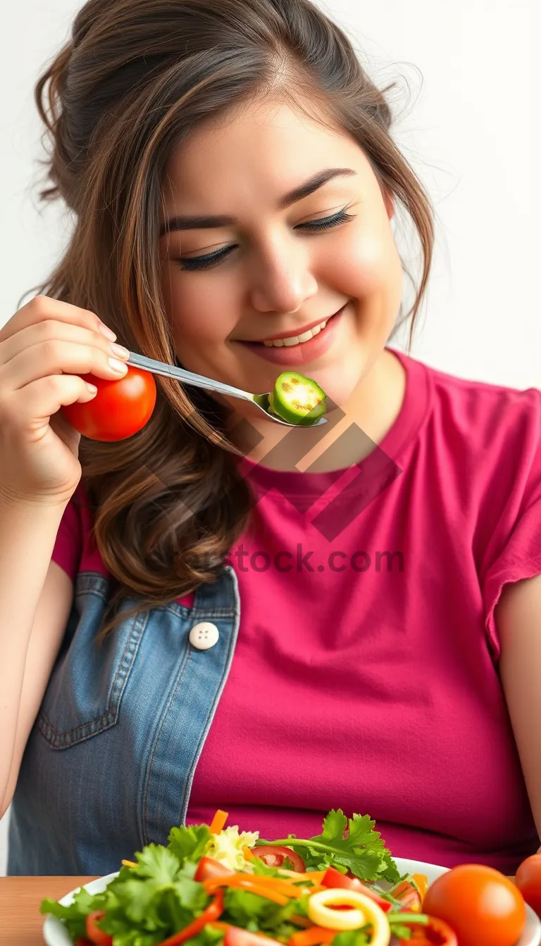 Picture of Attractive model with bright lipstick and joyful smile portrait.