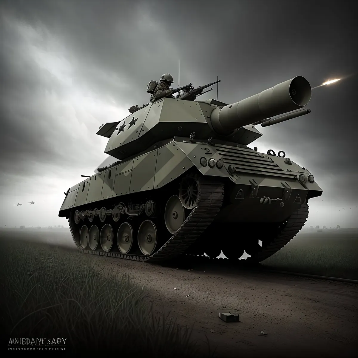 Picture of Armored Tank Firing High-Angle Cannon in Blue Sky