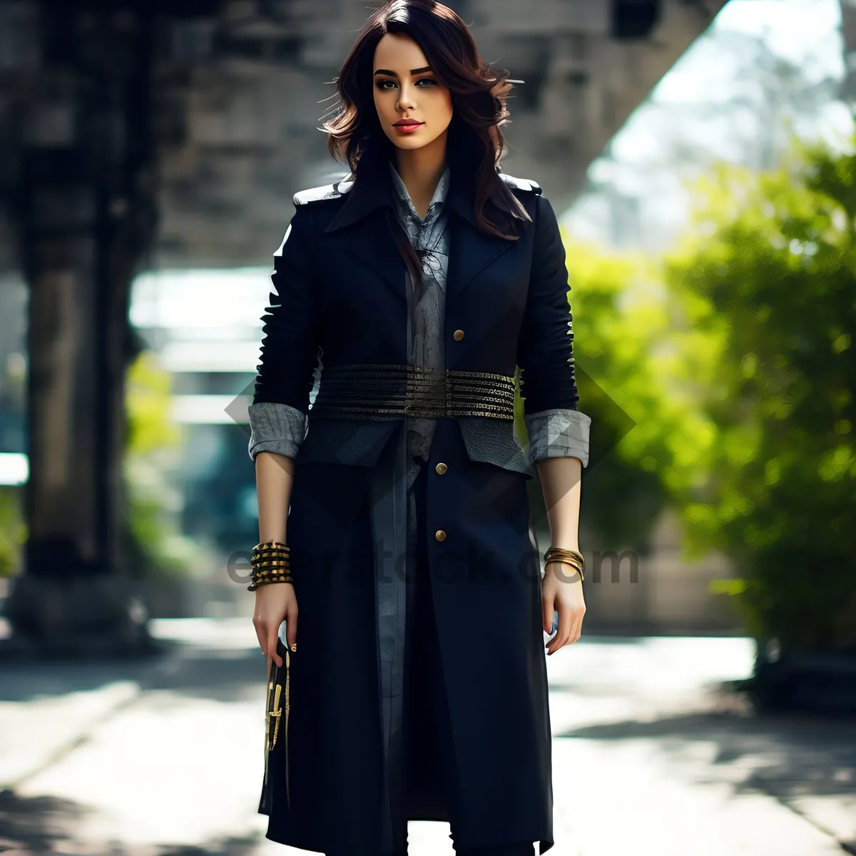 Picture of Stylish brunette student smiling in a trench coat.