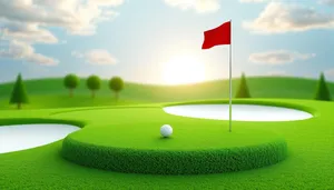 Golfer swings at ball on sunny course