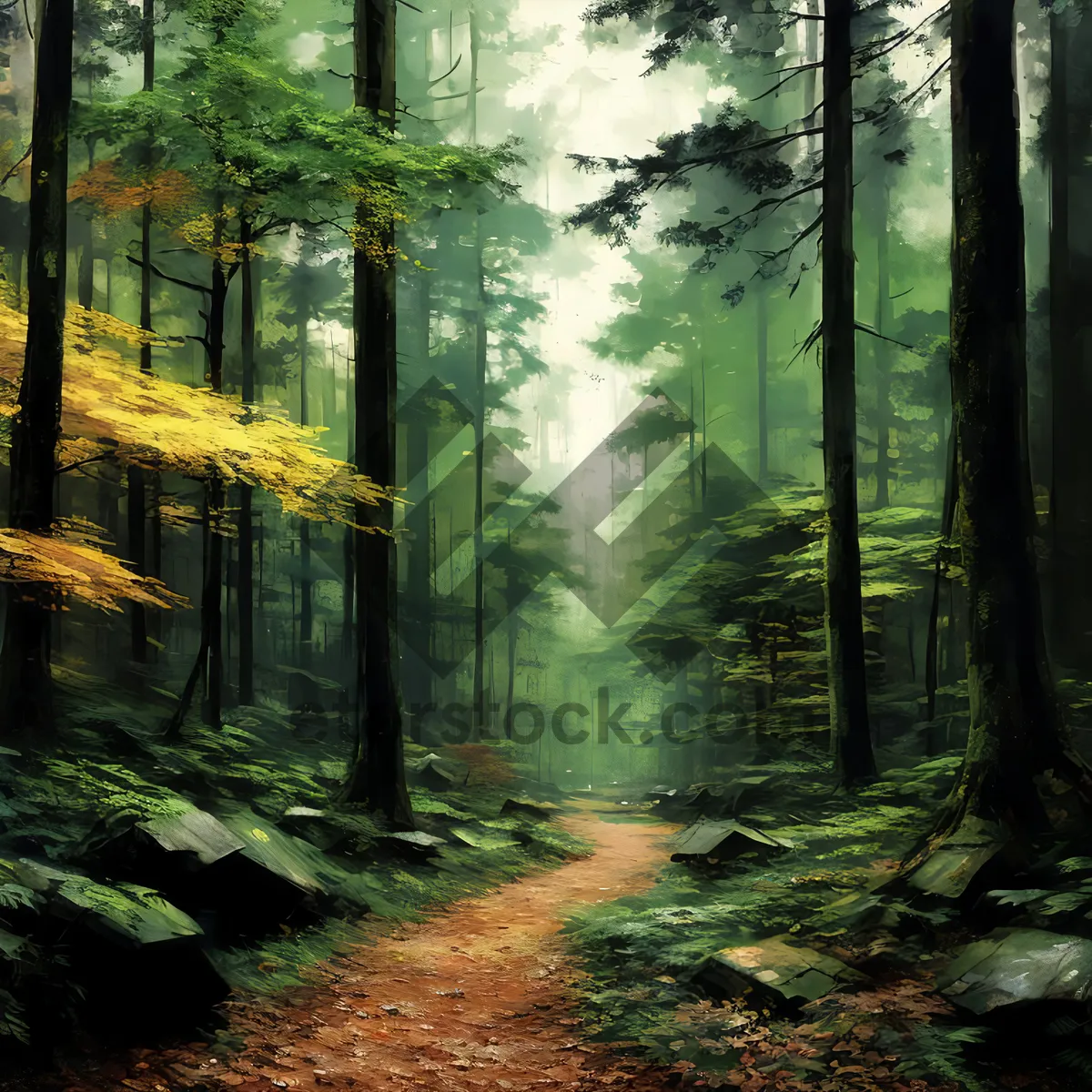 Picture of Serene Fall Forest Pathway with Sunlight Streaming Through