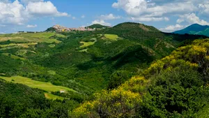 Mountain forest landscape with river and cloudy sky.