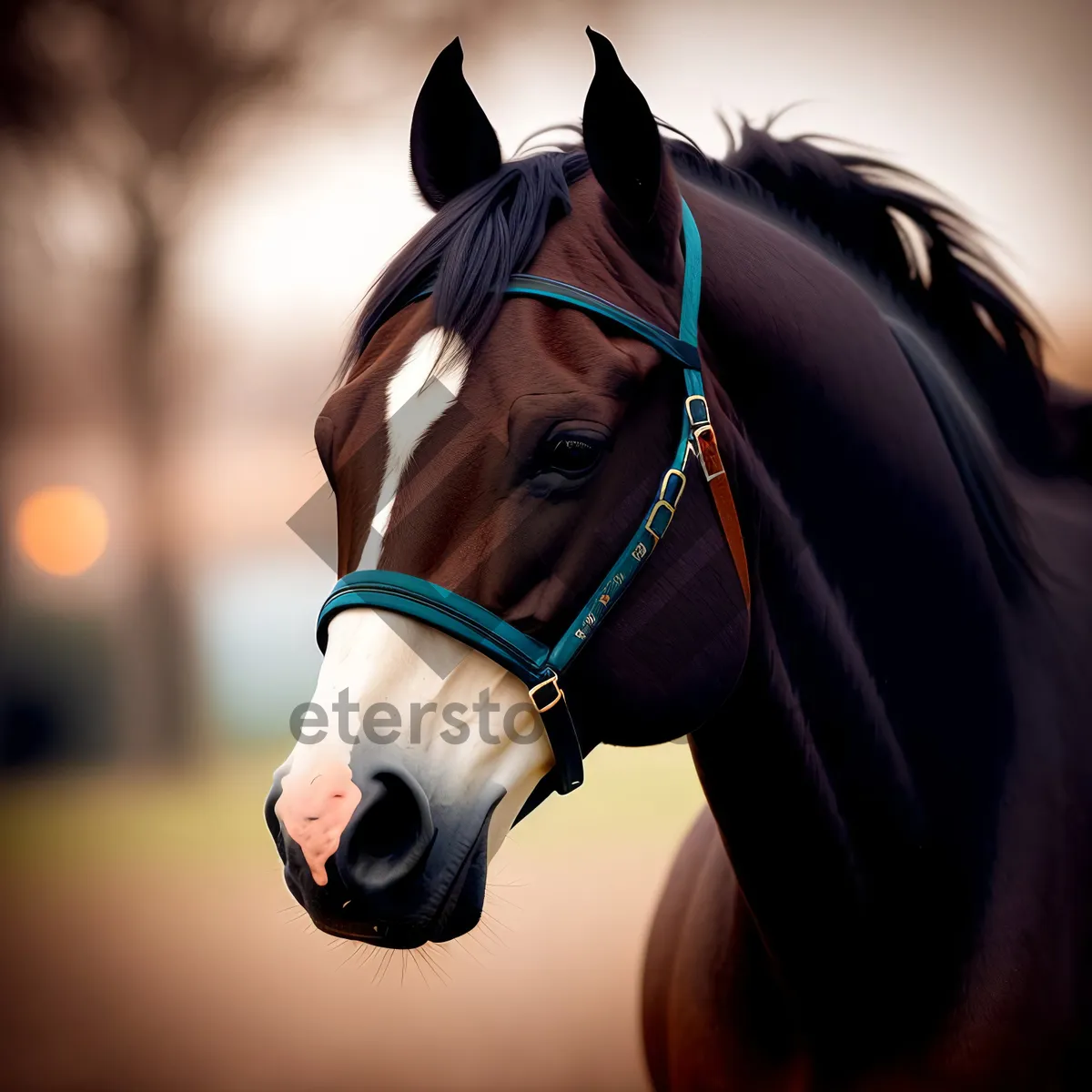 Picture of Brown Thoroughbred Stallion in Equestrian Bridle