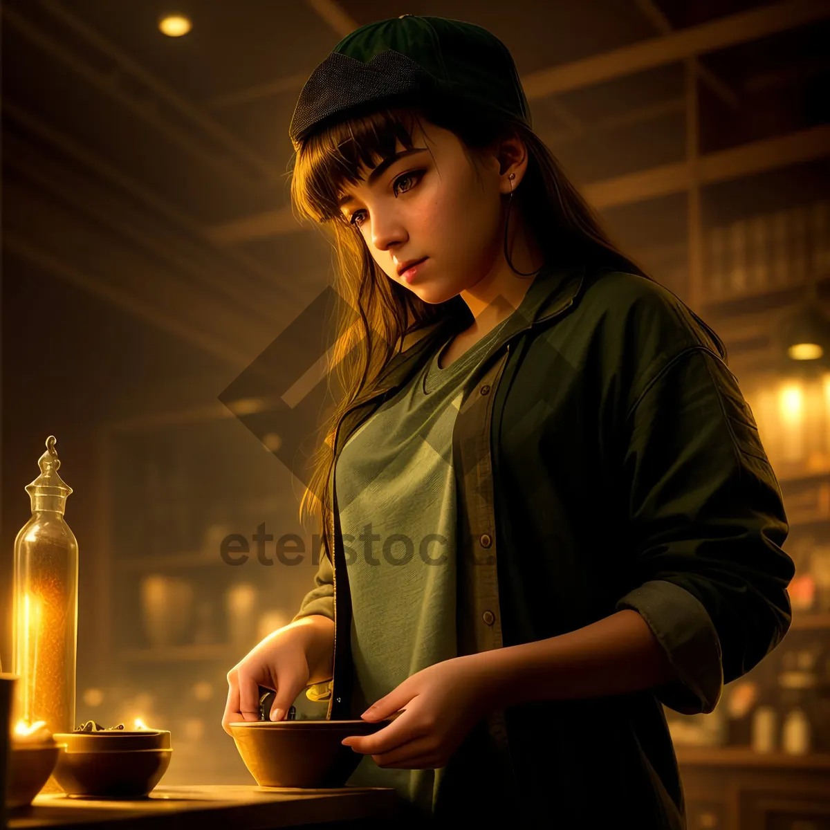 Picture of Smiling waiter at restaurant table, happy and charismatic.