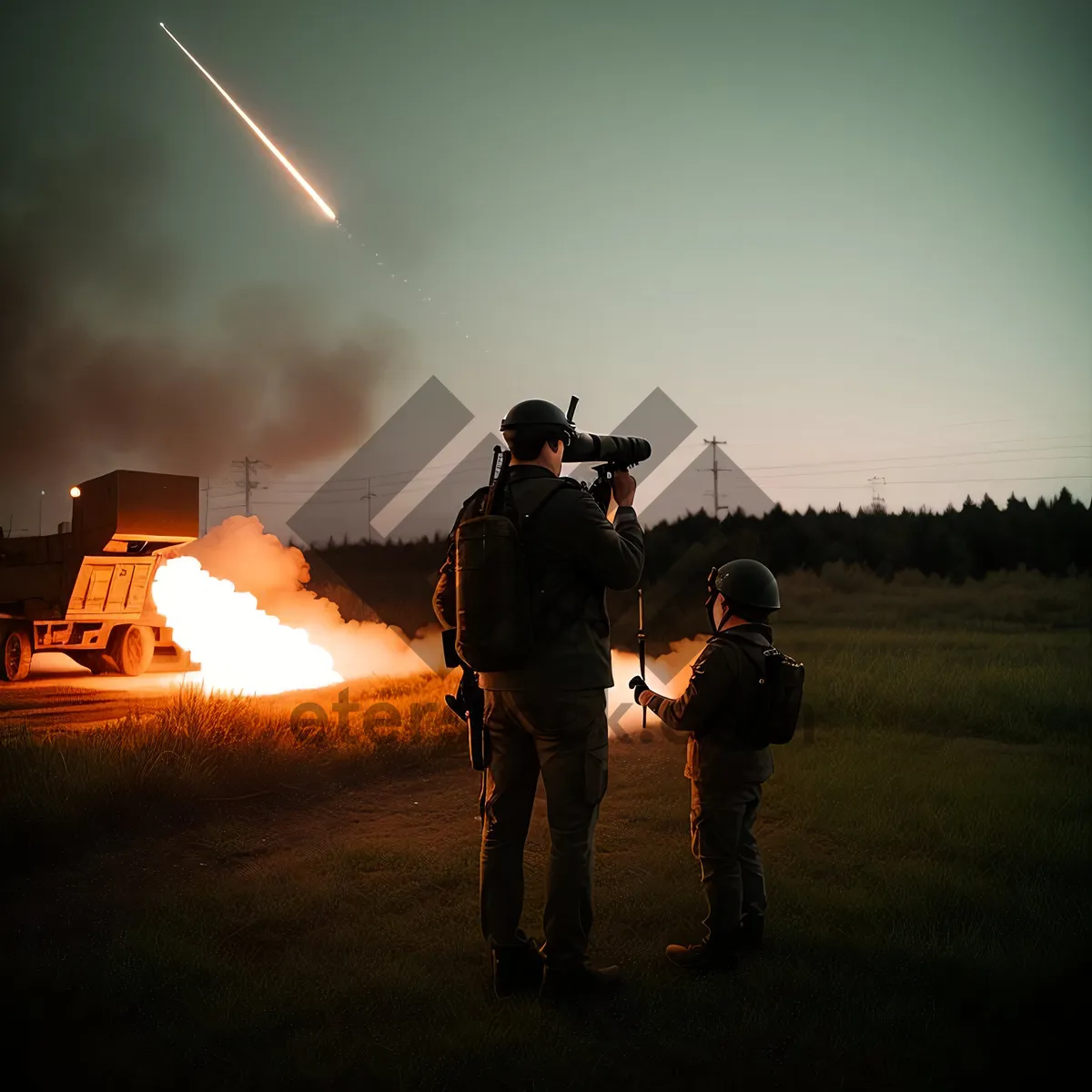 Picture of Silhouette man wielding a flamethrower at sunset