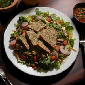 Delicious gourmet salad with grilled steak and vegetables