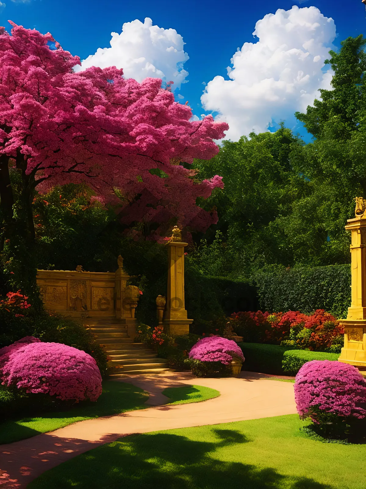 Picture of Pink Rhododendron Blooming in Park Landscape