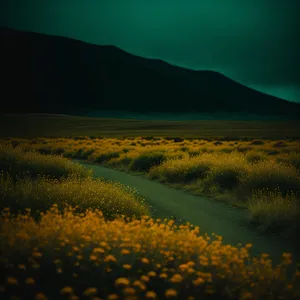 Sunny Meadow Landscape under Golden Sunset