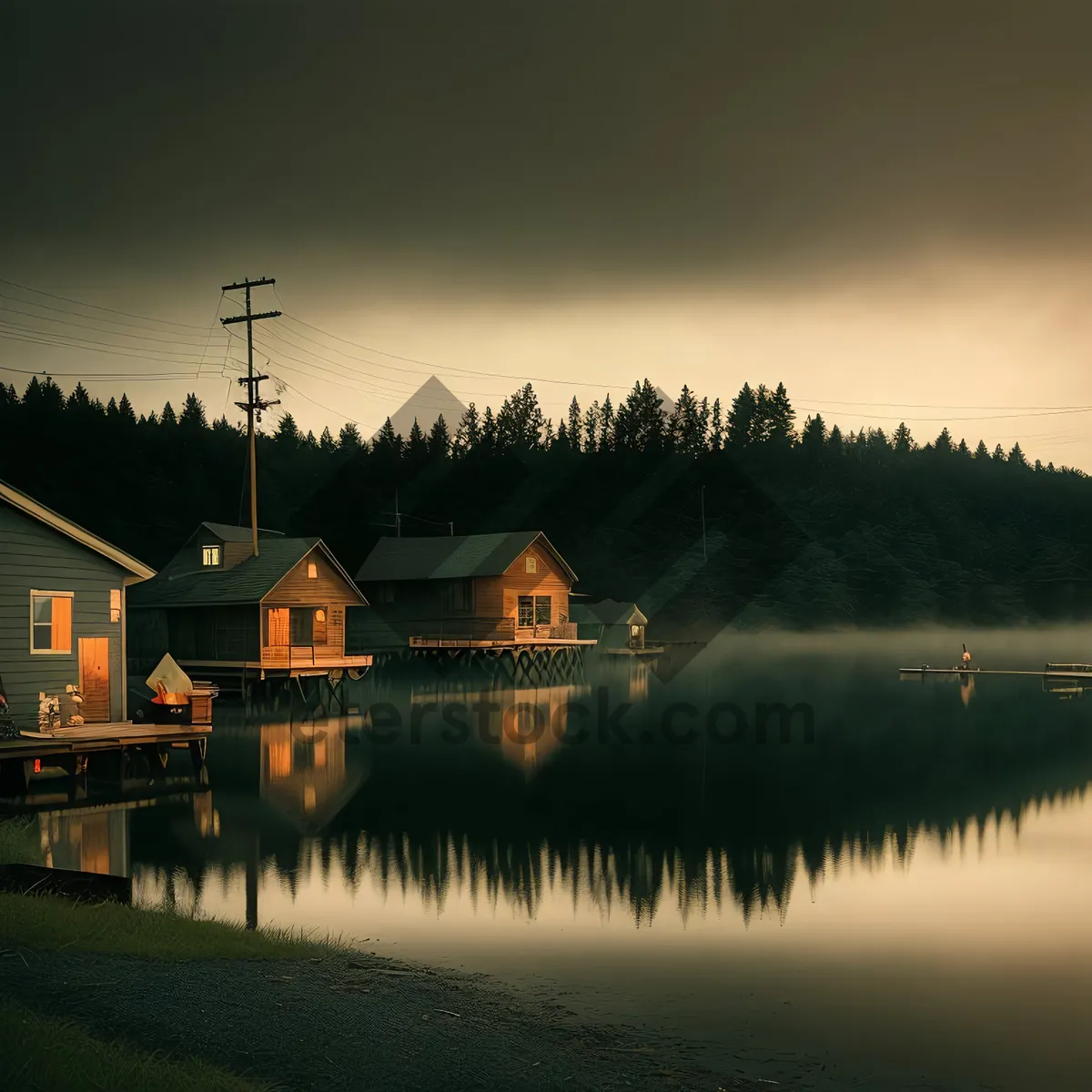 Picture of Riverside Cityscape: Serene Boathouse by the Lake