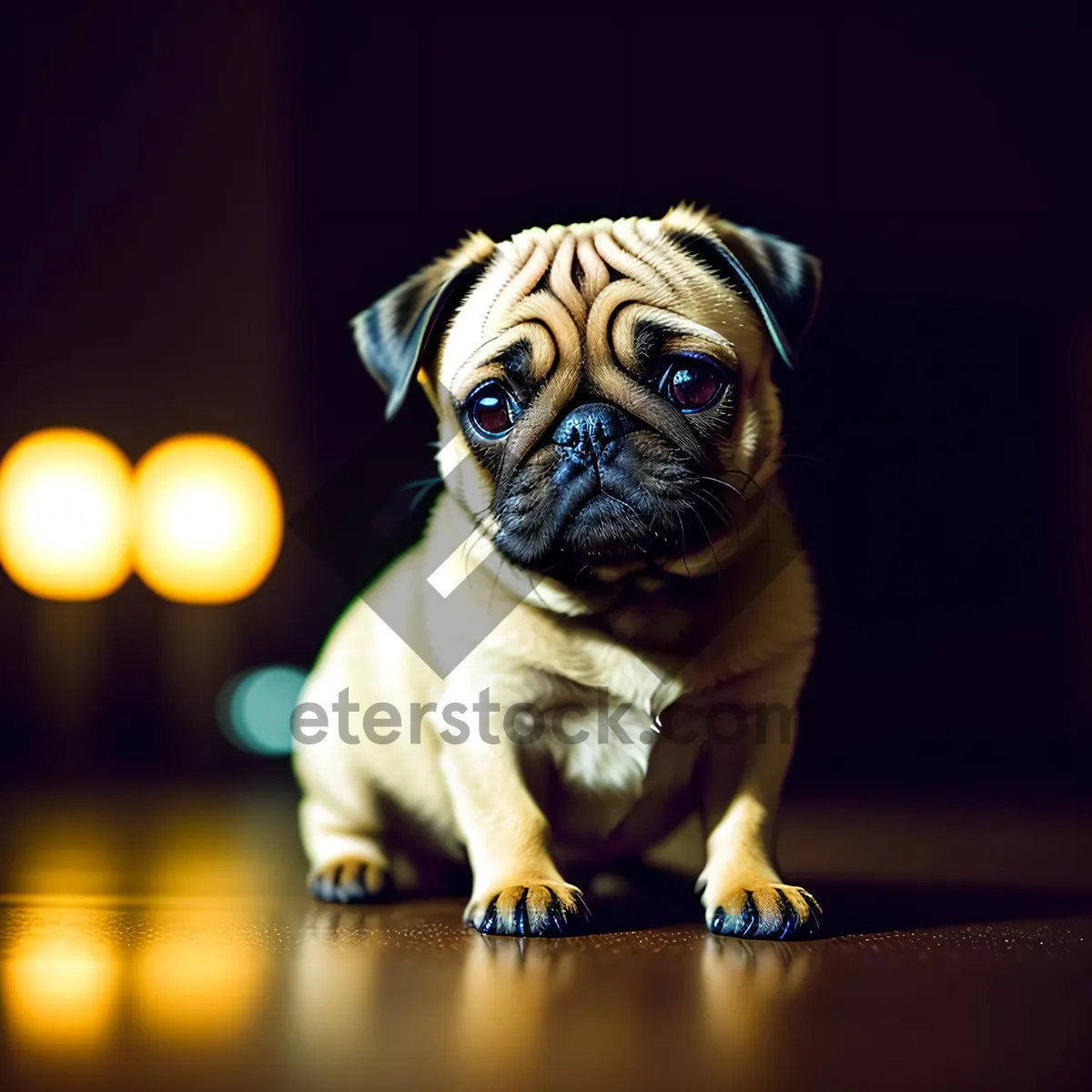 Picture of Adorable Wrinkled Pug Puppy Sitting Obediently