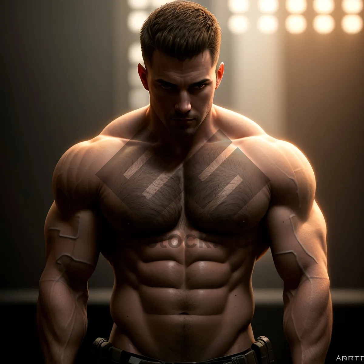 Picture of Powerful Masculine Athletic Bodybuilder Posing Shirtless