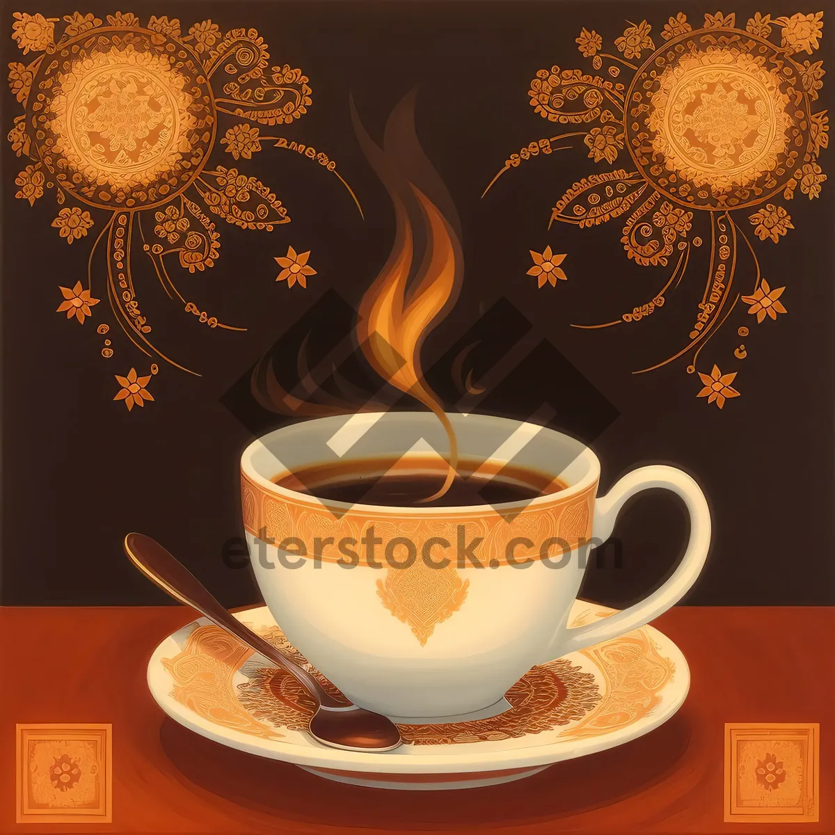 Picture of Black coffee in porcelain mug on saucer