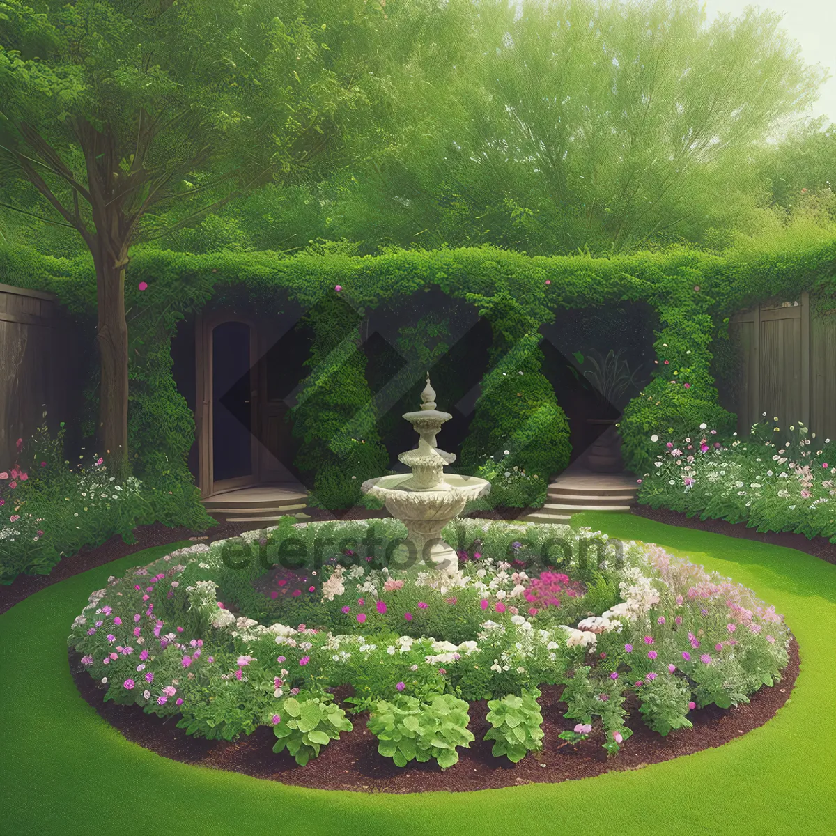 Picture of Serene Summer Park with Tree and Fountain