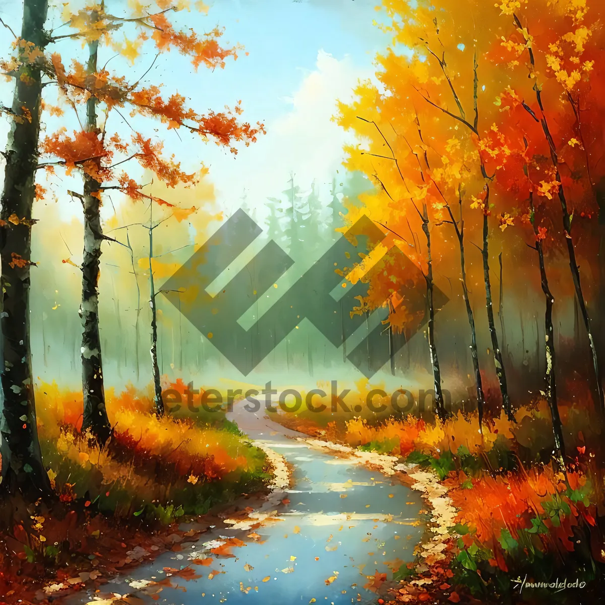 Picture of Golden Fall Landscape: Tranquil Woods, Sunlit Trees