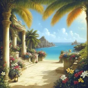 Turquoise paradise: Palm-fringed beach, tropical waves.