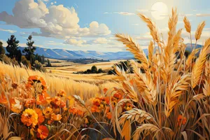 Sunset over golden cereal field in rural landscape