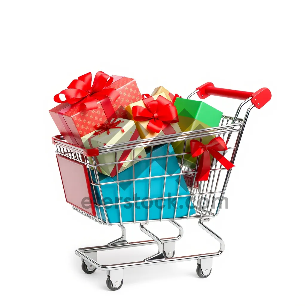 Picture of Shopping Cart in Empty Supermarket Aisle