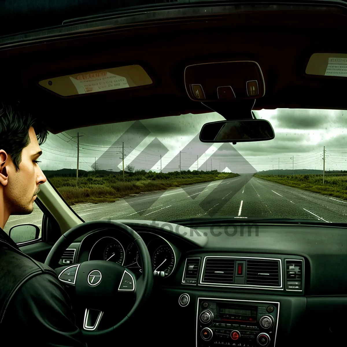 Picture of Modern Car Steering Wheel Inside a Vehicle