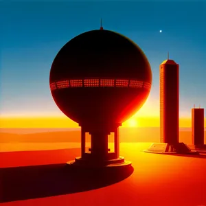 Golden City Silhouette: Sunlit Skyline Reflecting on Water Tower