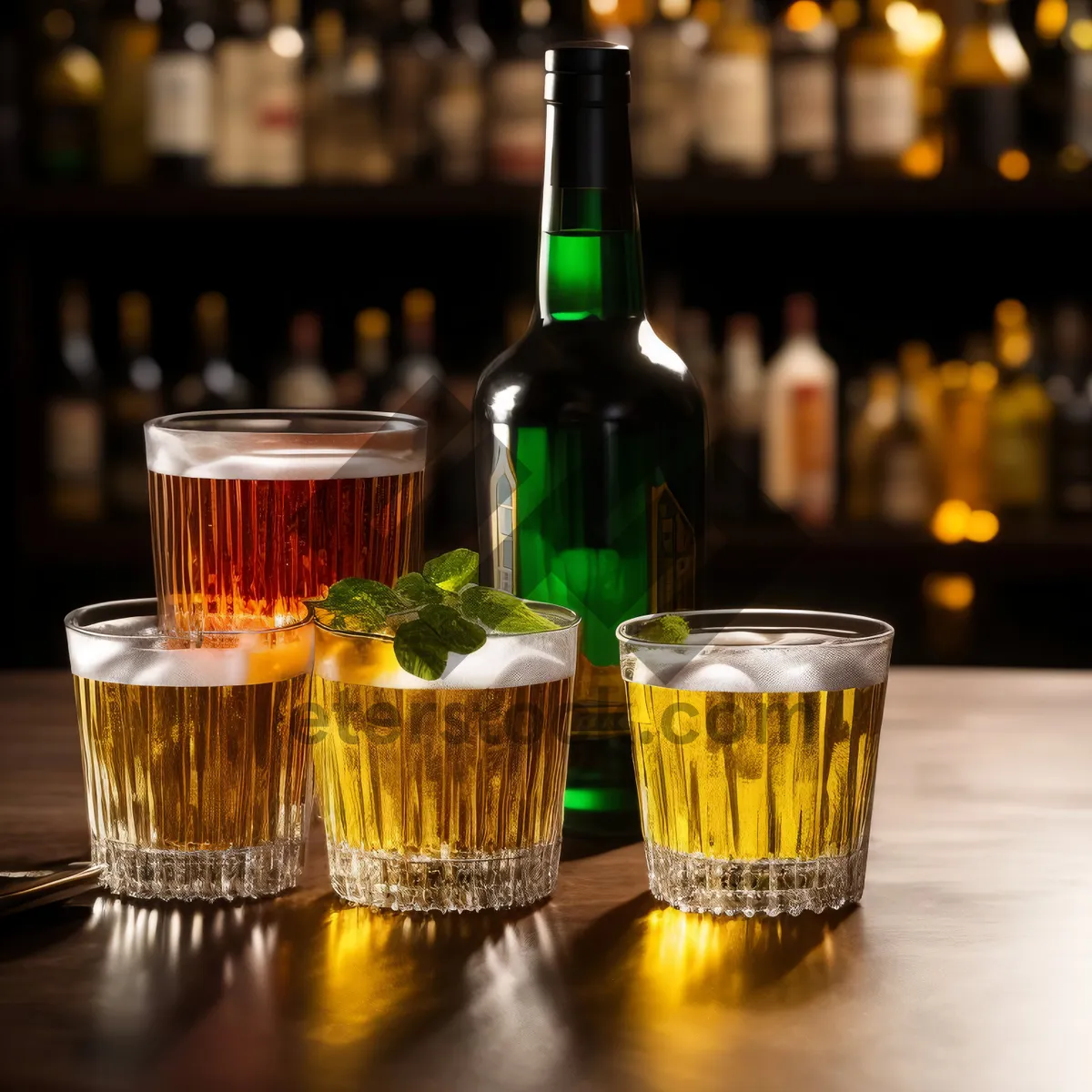 Picture of Gold Beer Mug on Bar Table at Party