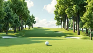 Golfer on course with flag in scenic landscape.