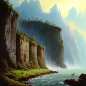 Picturesque Coastal Landscape with Cave and Waterfall