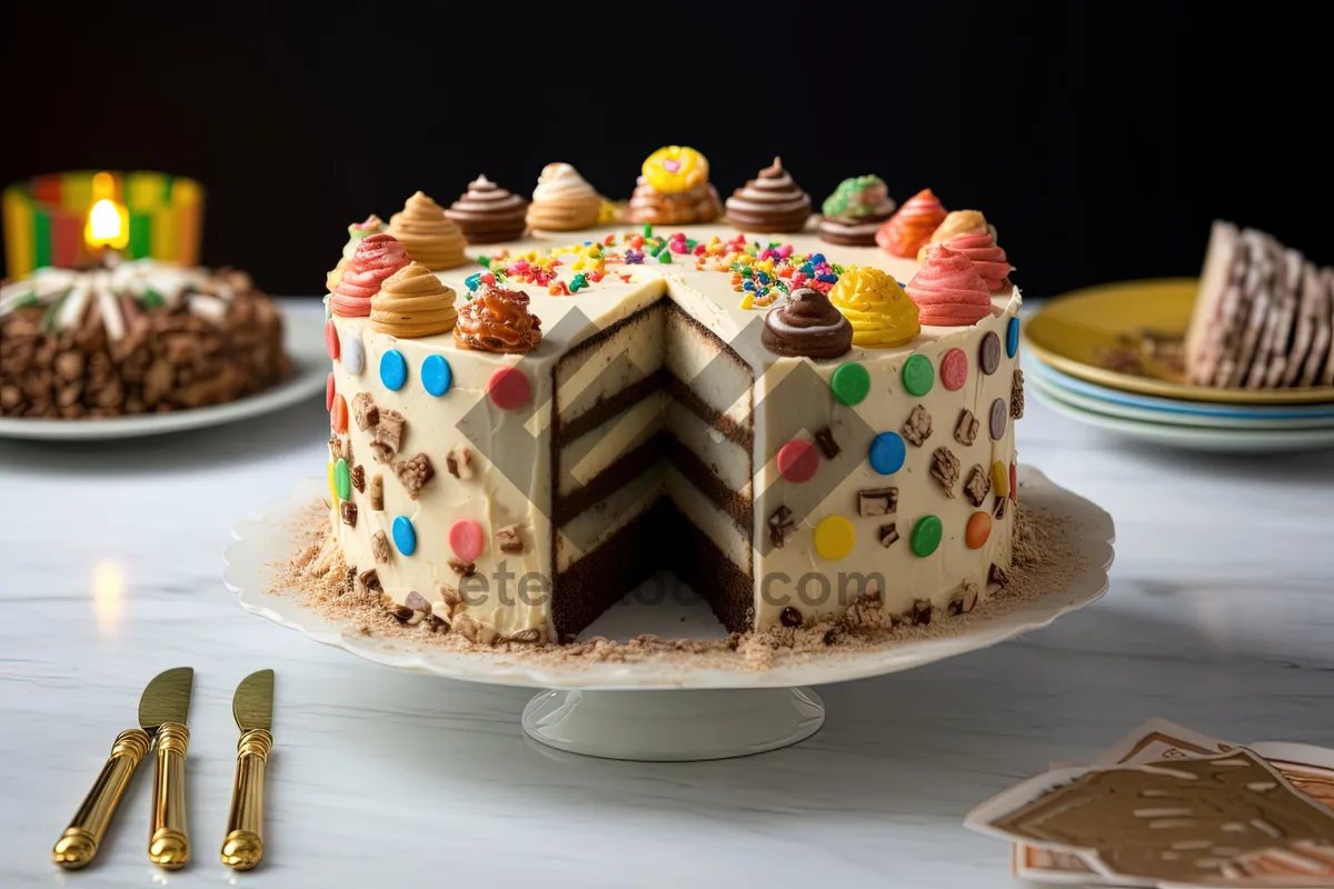 Picture of Delicious breakfast cake with sweet decorations and tea